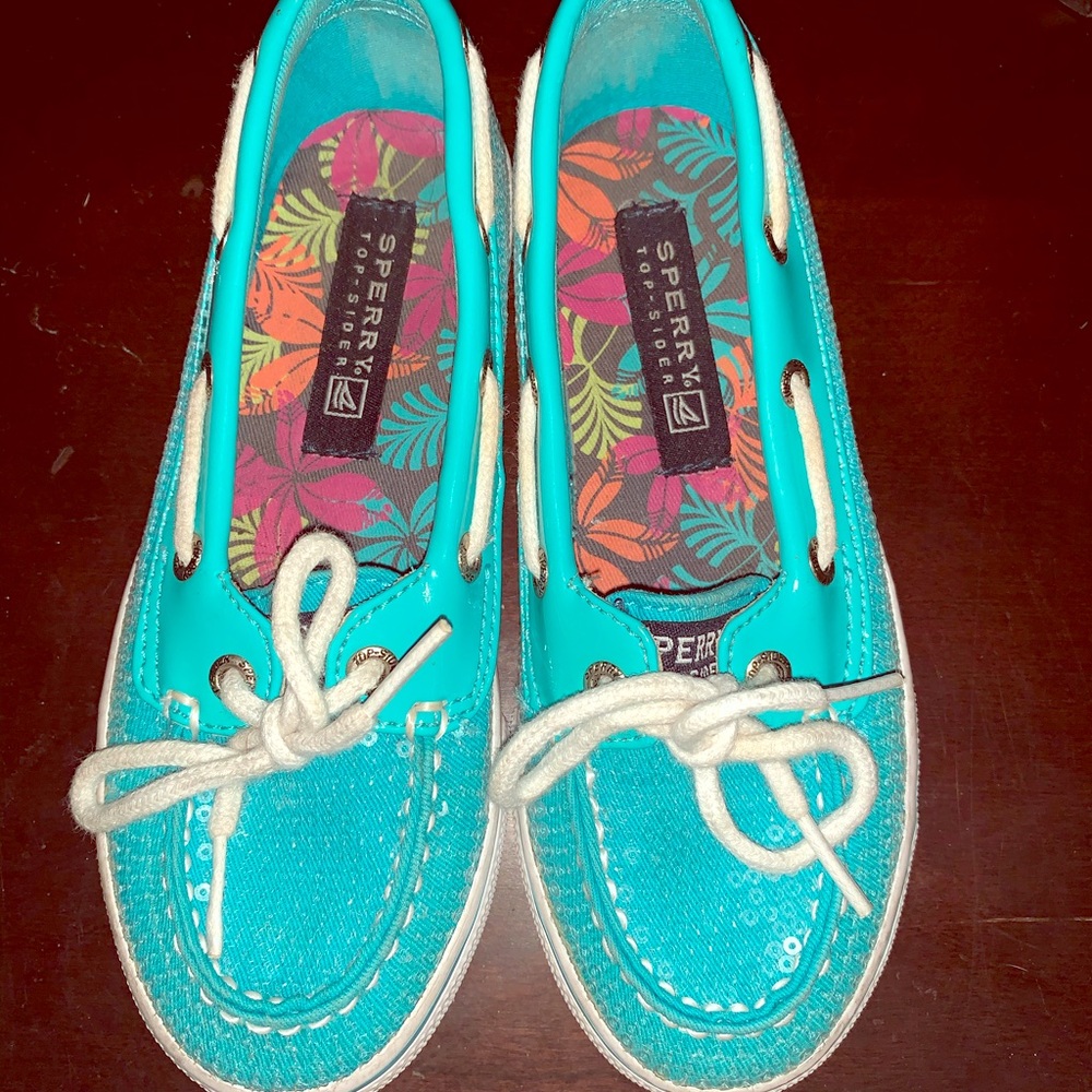 Teal blue sparkle sperry biscayne 1 eye boat shoes